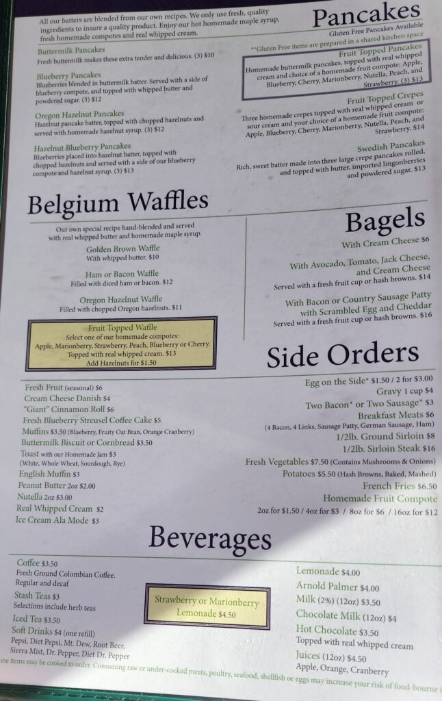 Pancakes and Belgium Waffles Menu