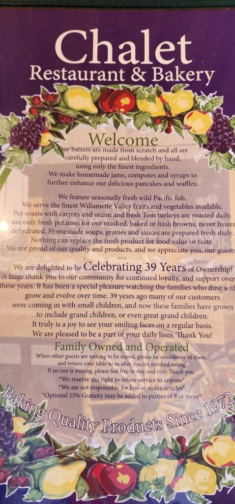 Chalet Restaurant & Bakery (Newport, Oregon) Menu