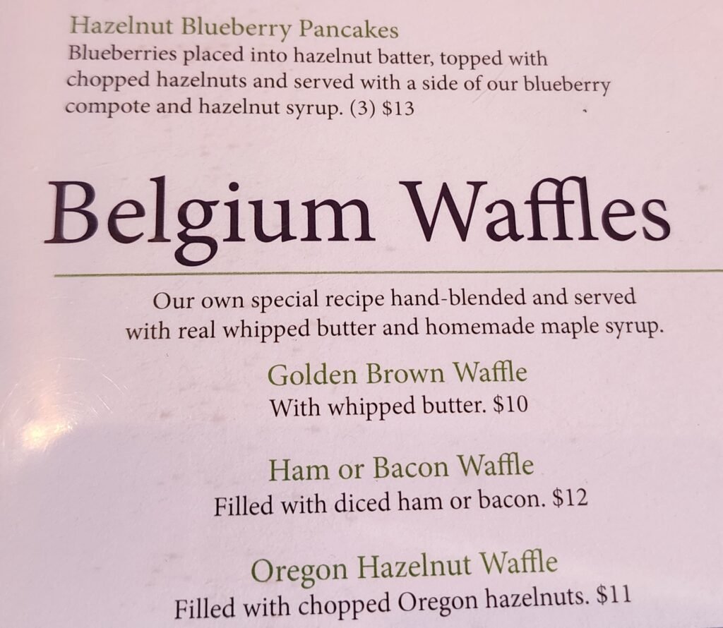 Chalet Restaurant & Bakery (Newport, Oregon) Menu - Pancakes & Belgium Waffles