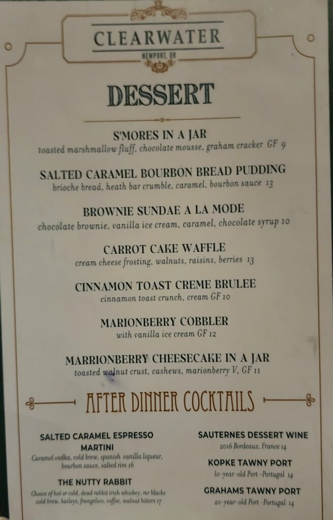 Clearwater Restaurant Newport - Dessert Menu